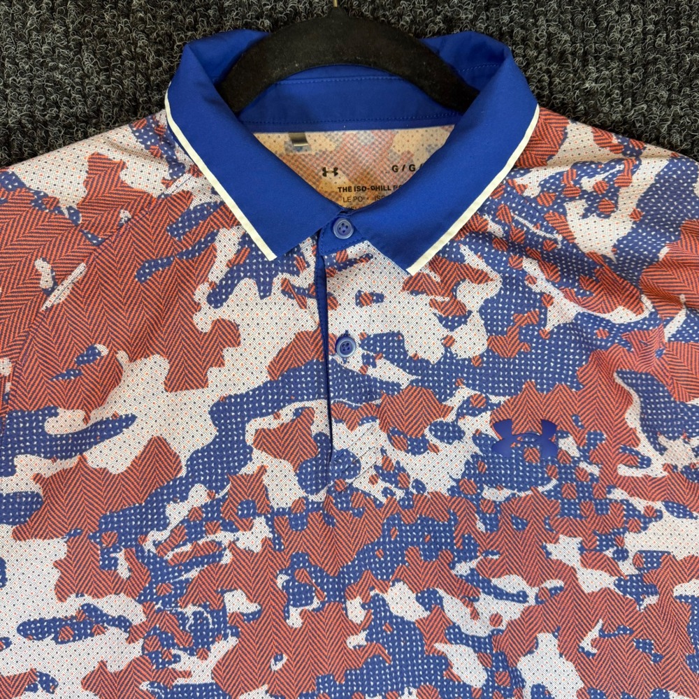 Under Armour Iso-Chill Polo Shirt Mens Large Blue Red Camo Golf Athletic Loose
